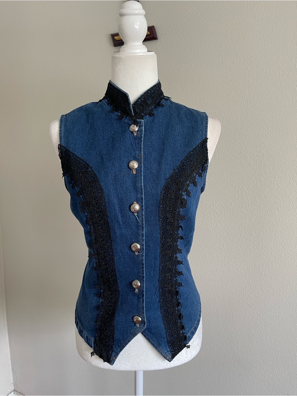 Sleeveless Dark Blue Denim Vest with Black Lace Trim